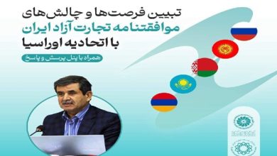 به گزارش فرصت رسانه به نقل از روابط عمومی سازمان توسعه تجارت ایران، نشست تبیین فرصت‌ها و چالش‌های موافقت‌نامه تجارت آزاد ایران و اتحادیه اوراسیا 20 خرداد ساعت 8:30 تا 12:30 در سالن همایش اتاق بازرگانی، صنایع، معادن و کشاورزی استان یزد، با حضور میرهادی سیدی، مشاور امور بین‌الملل و توافق‌های تجاری سازمان توسعه تجارت ایران برگزار می‌شود.